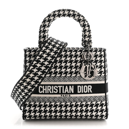Christian Dior Canvas Houndstooth Embroidered Medium Lady D-Lite Black White 1 of 12