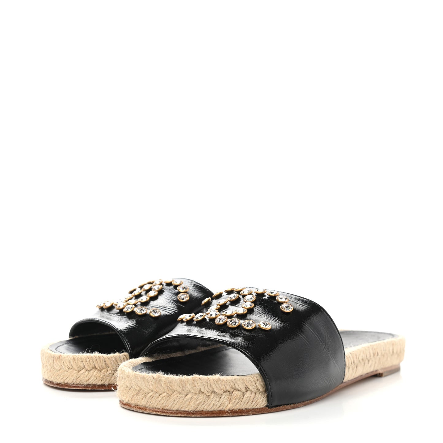 Patent Calfskin Crystal CC Espadrille Slip On Sandals 38 Black