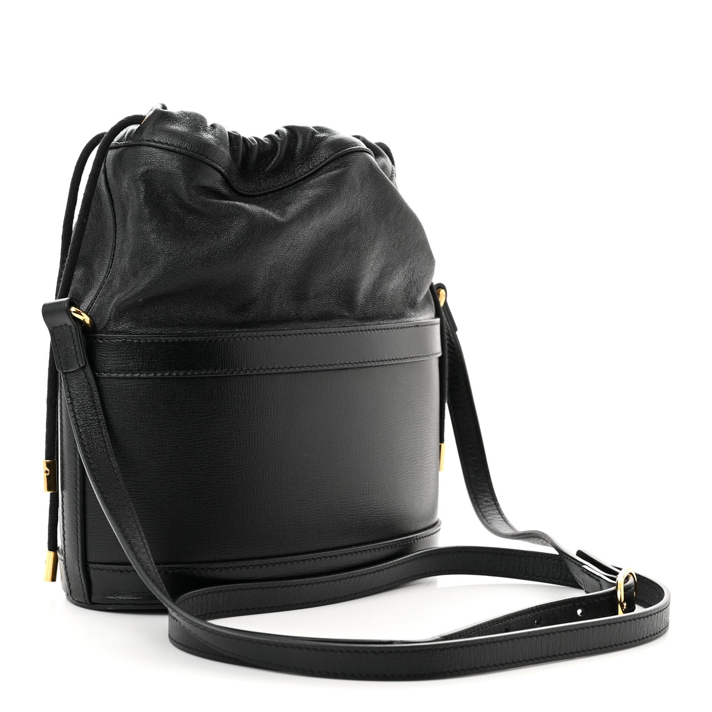Azalea Sakai Calfskin Horsebit 1955 Drawstring Bucket Bag Black