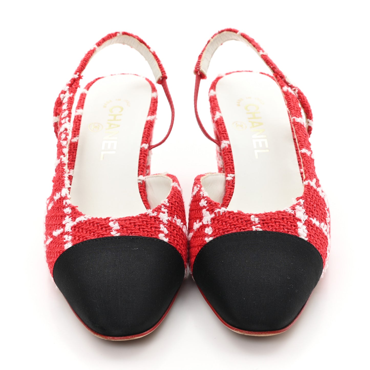 Tweed Grosgrain Cap Toe CC Slingback Pumps 39 Red White