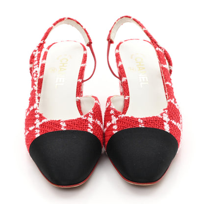 Chanel Tweed Grosgrain Cap Toe CC Slingback Pumps 39 Red White 3 of 11