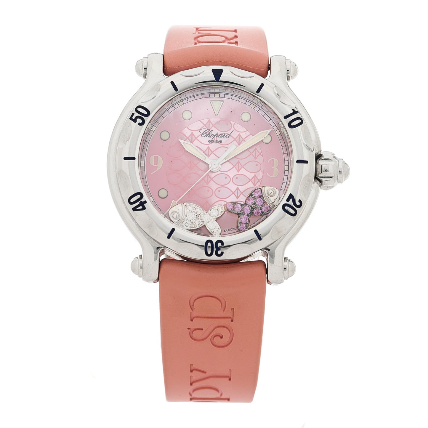 Stainless Steel Rubber Diamond Pink Sapphire Pink Mother of Pearl 38mm Happy Sport Fish Quartz Watch