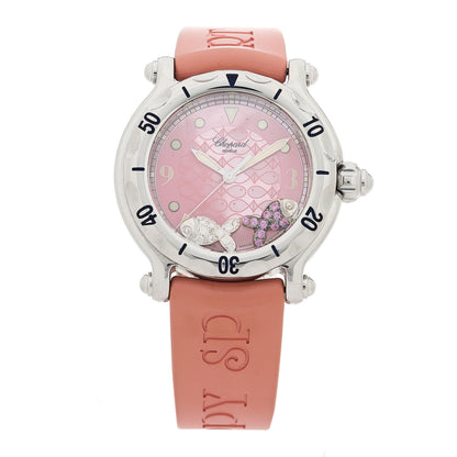 Chopard Stainless Steel Rubber Diamond Pink Sapphire Pink Mother of Pearl 38mm Happy Sport Fish Quartz Watch 1 of 5