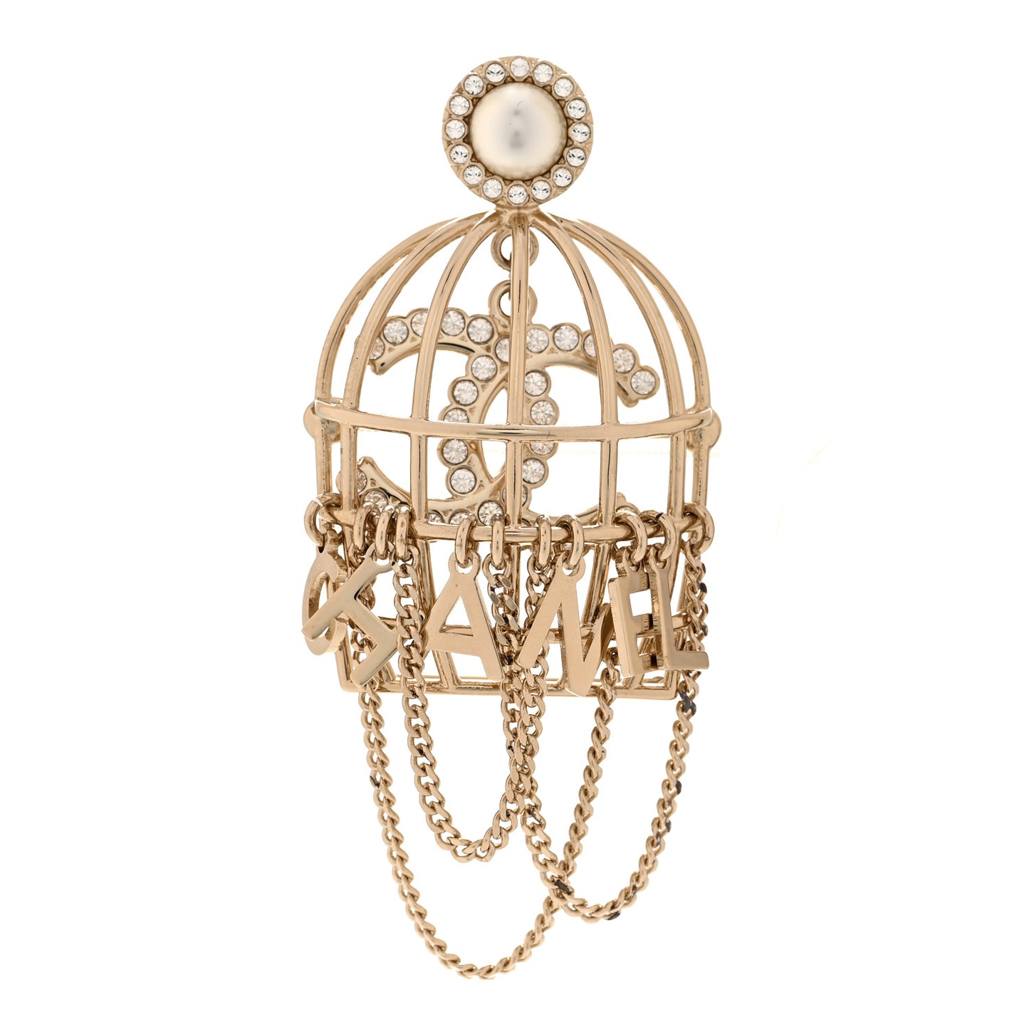 Pearl Crystal Birdcage Pin Brooch Light Gold