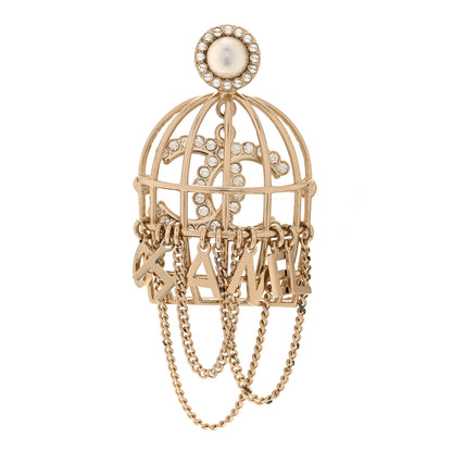Chanel Pearl Crystal Birdcage Pin Brooch Light Gold 1 of 4