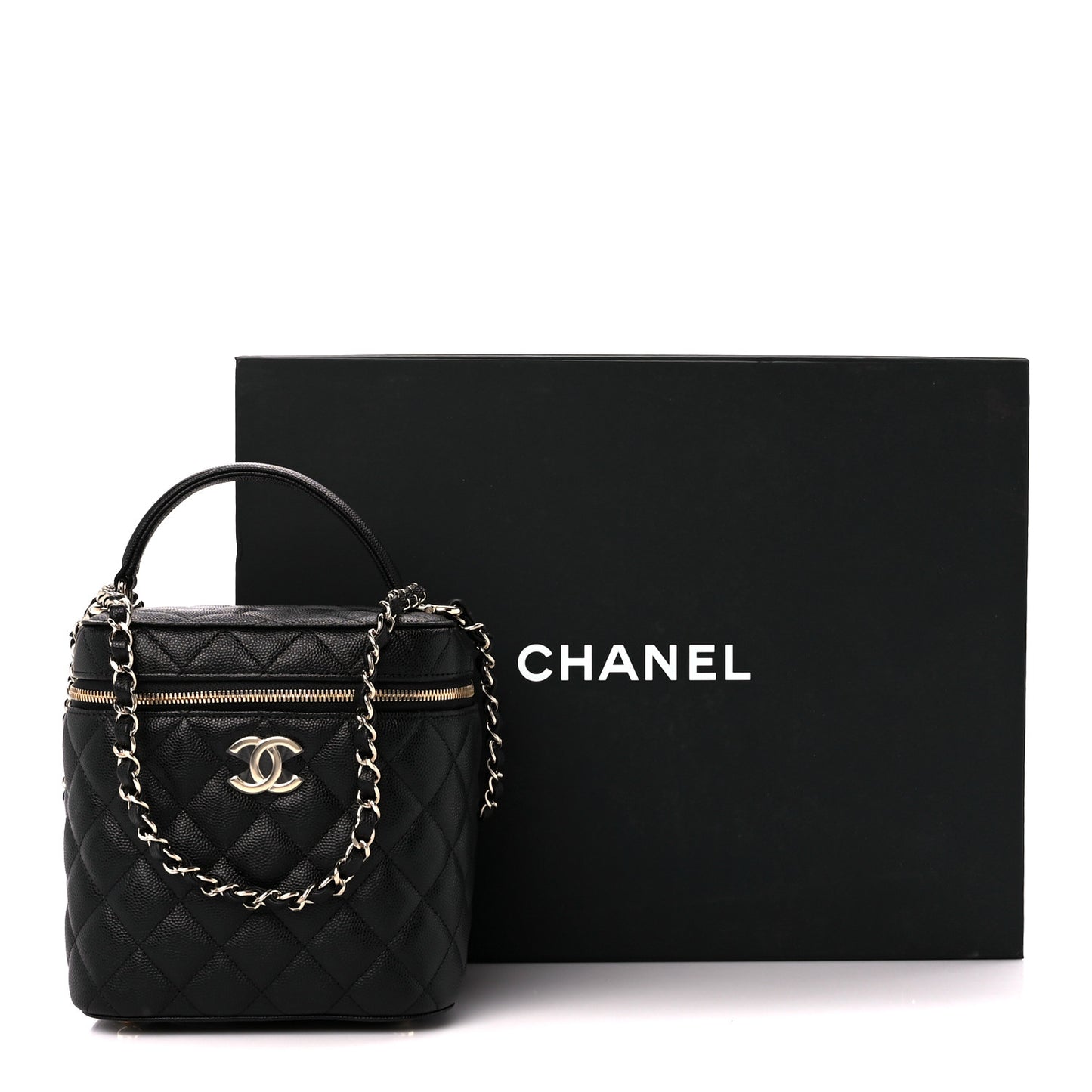 Caviar Quilted Small Top Handle Vanity Case With Chain Black