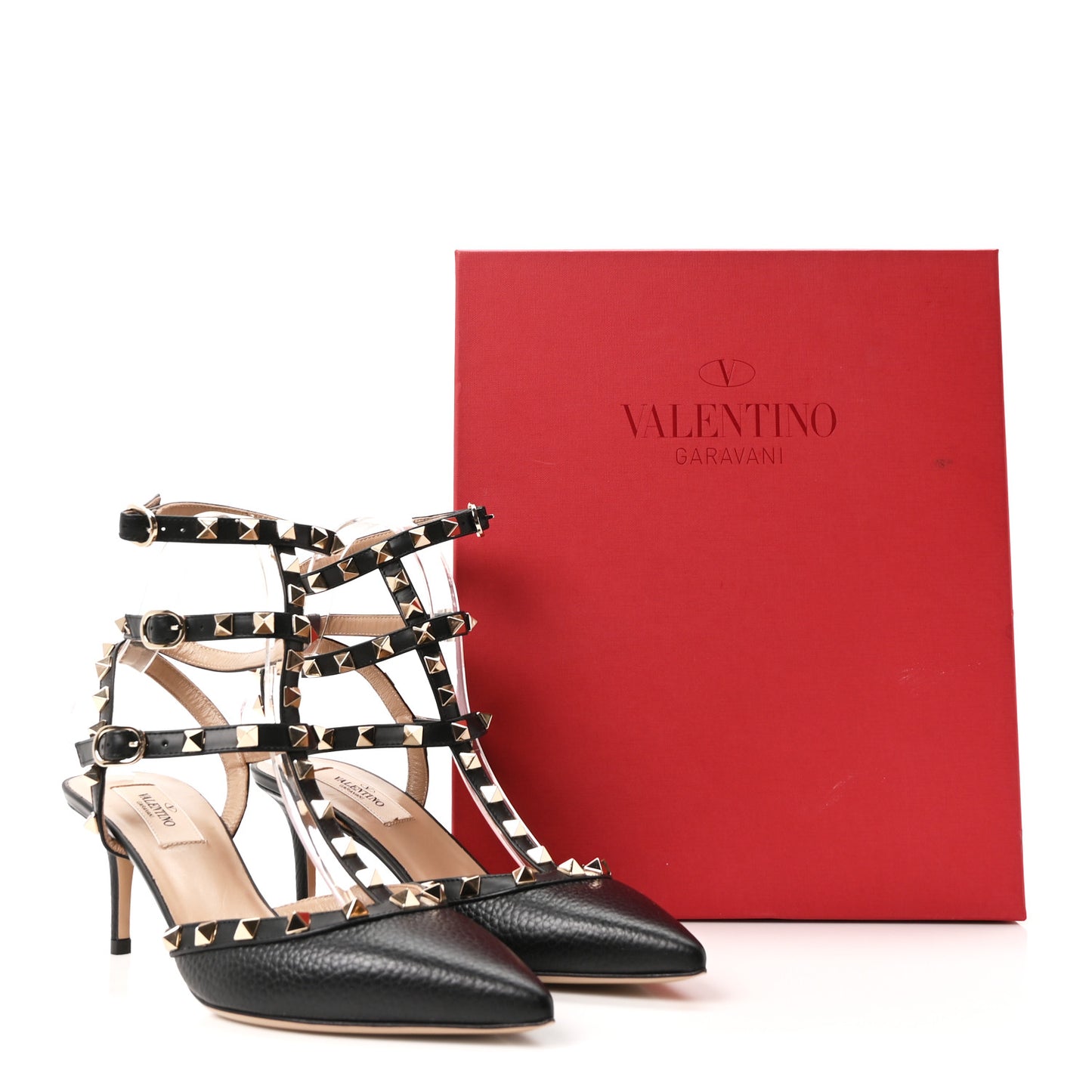 Calfskin Nappa Rockstud Ankle Strap 65mm Pumps 38.5 Black Poudre