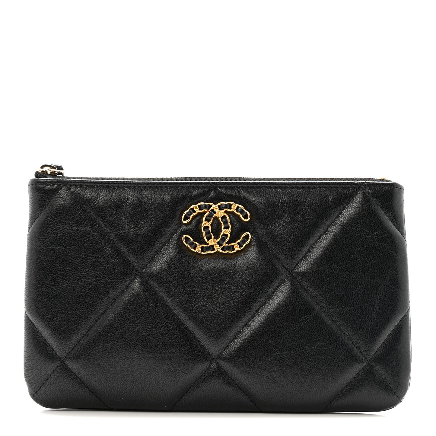 Shiny Goatskin Quilted Small Chanel 19 Pouch Black