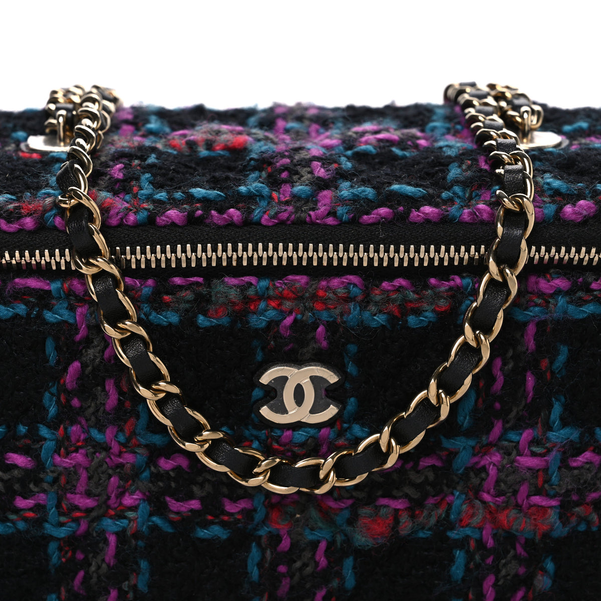 Tweed Quilted Small Vanity Case With Chain Black Purple Green Red