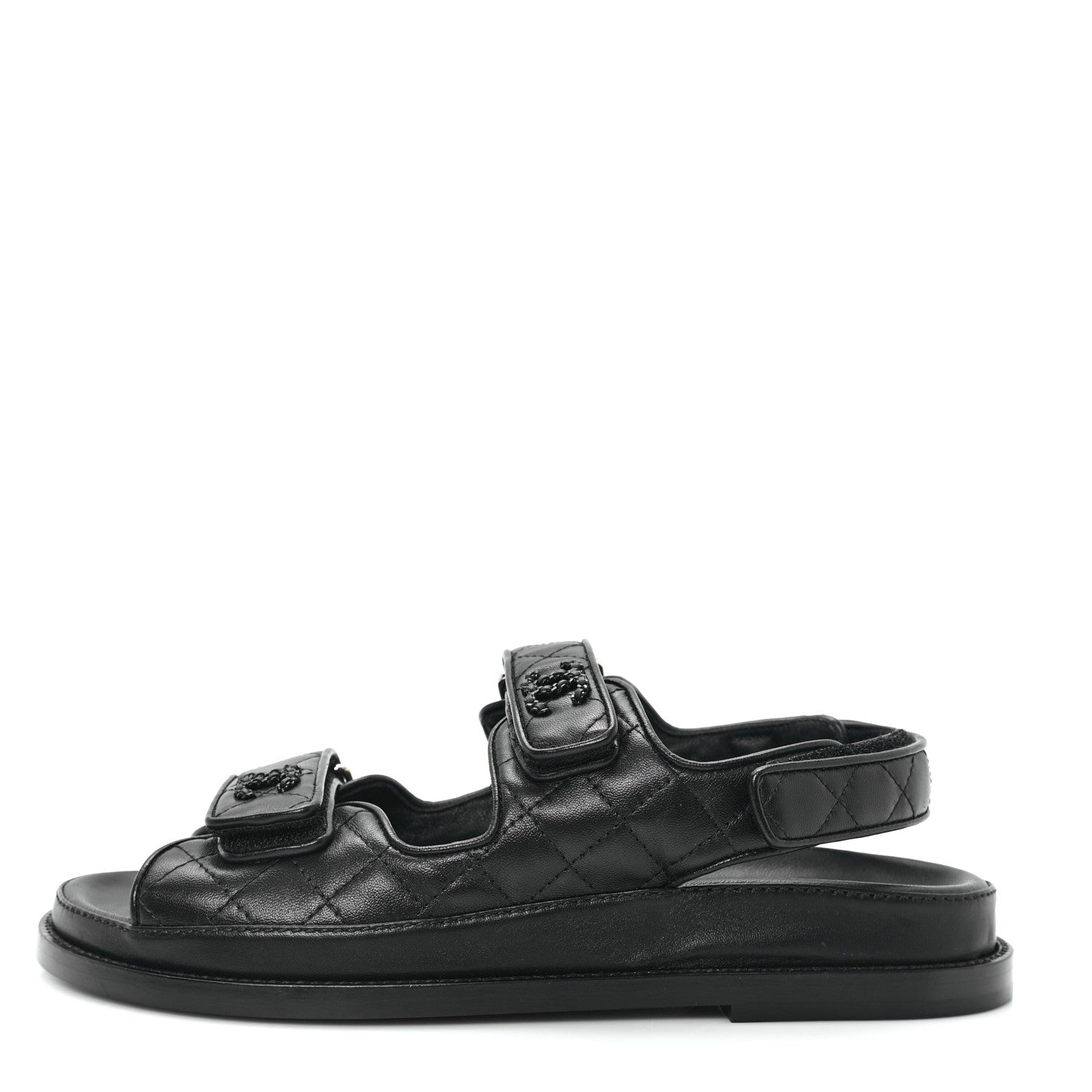 Chanel Lambskin Quilted Velcro Dad Sandals 37.5 So Black 1 of 10