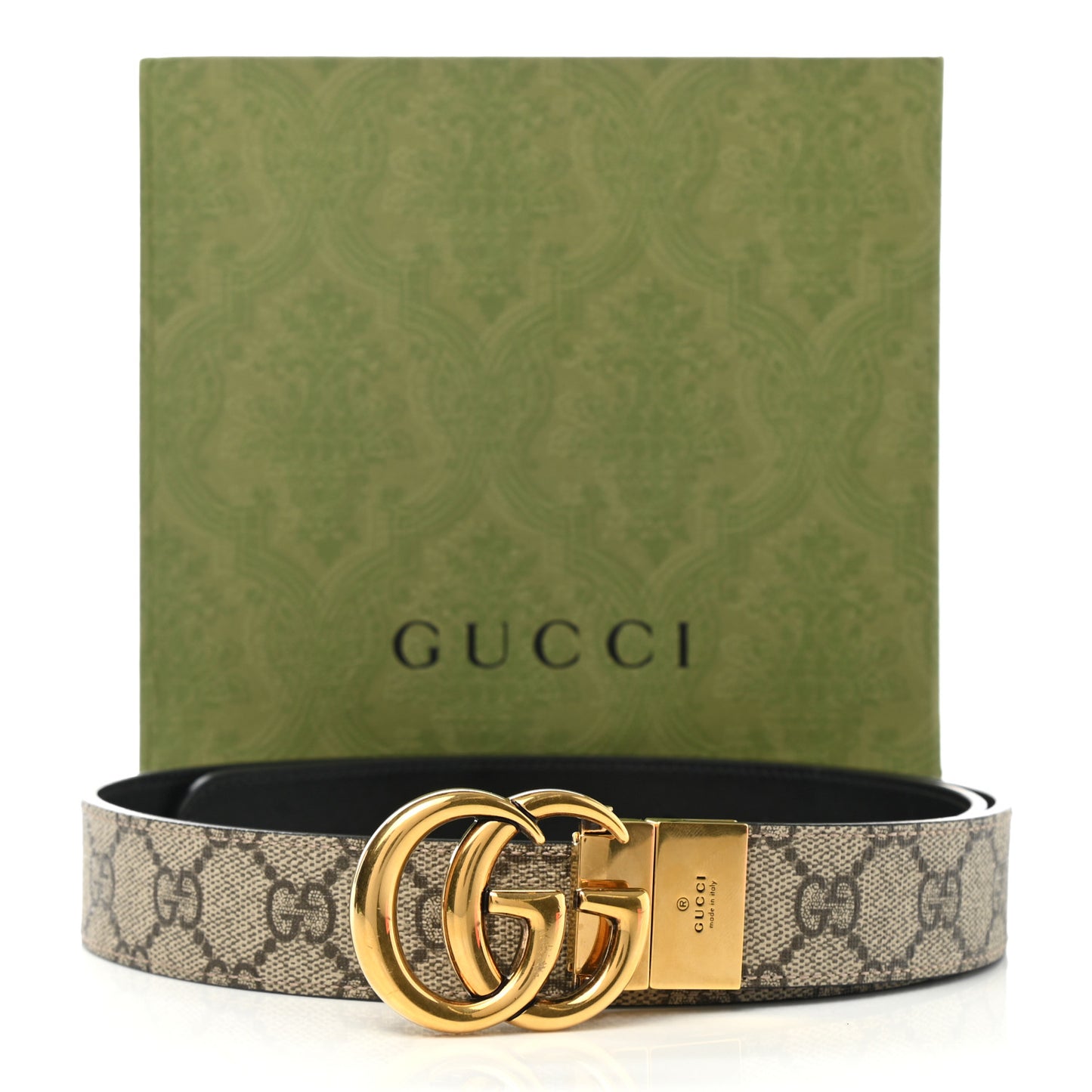 GG Supreme Monogram Plutone Calfskin Double G Reversible 30mm Belt 80 32 Beige Ebony Black