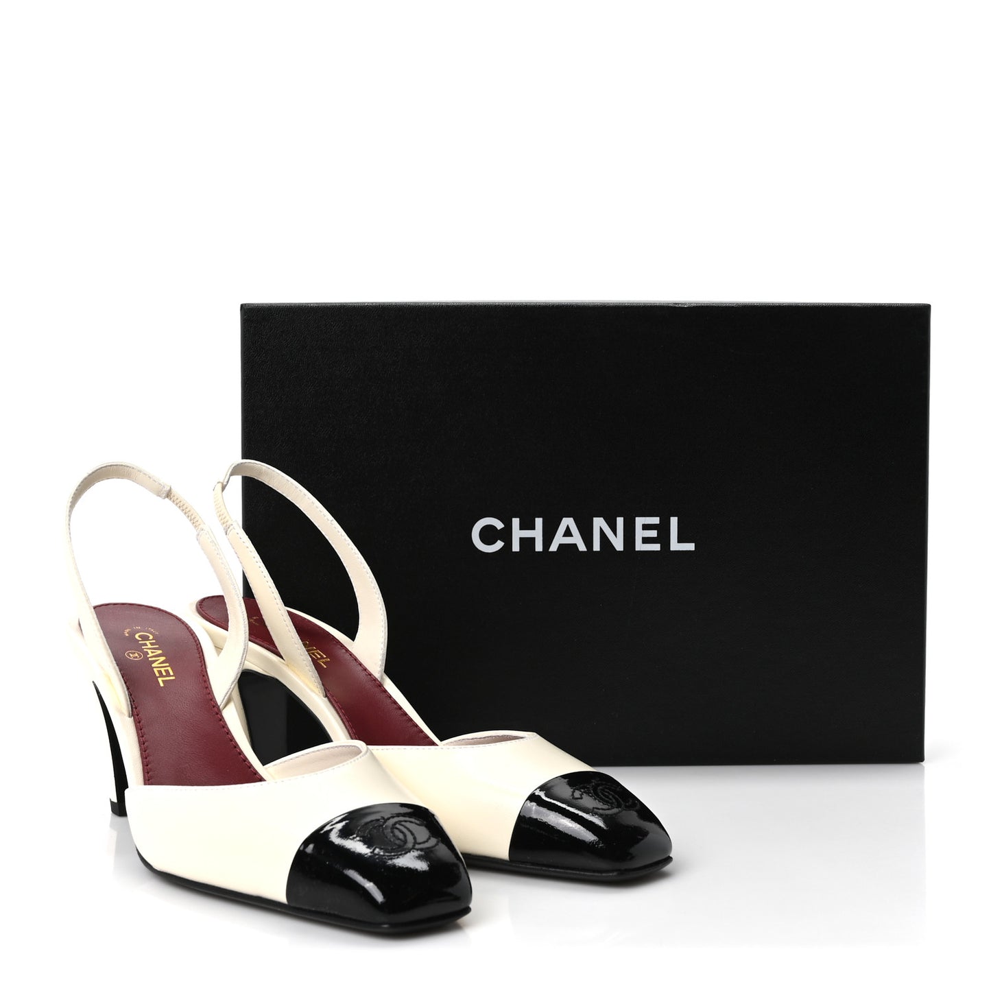 Lambskin Patent Calfskin Cap Toe CC Slingback Pumps 37.5 Ivory Black