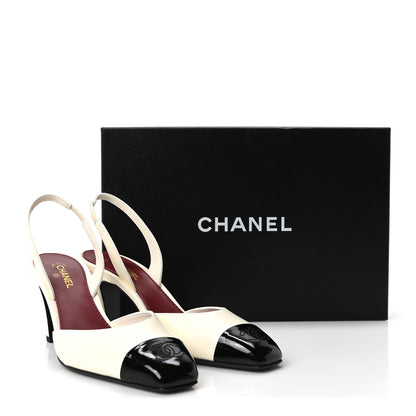 Chanel Lambskin Patent Calfskin Cap Toe CC Slingback Pumps 37.5 Ivory Black 10 of 10