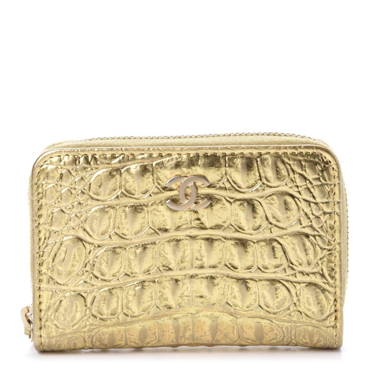 Metallic Calfskin Crocodile Embossed Cocodile Zip Coin Case Gold