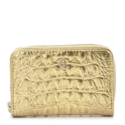 Chanel Metallic Calfskin Crocodile Embossed Cocodile Zip Coin Case Gold 1 of 10