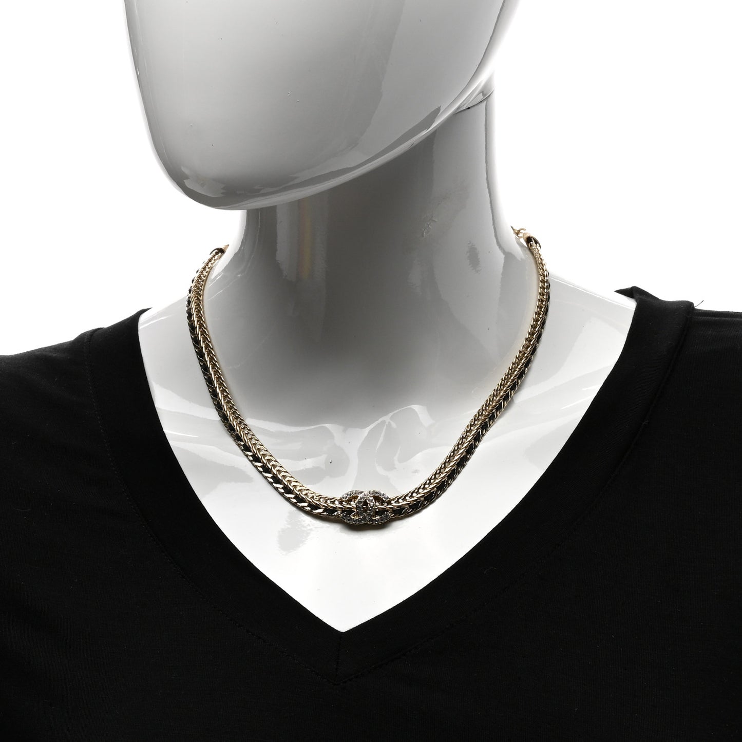 Metal Lambskin Crystal Chain CC Necklace Black Gold