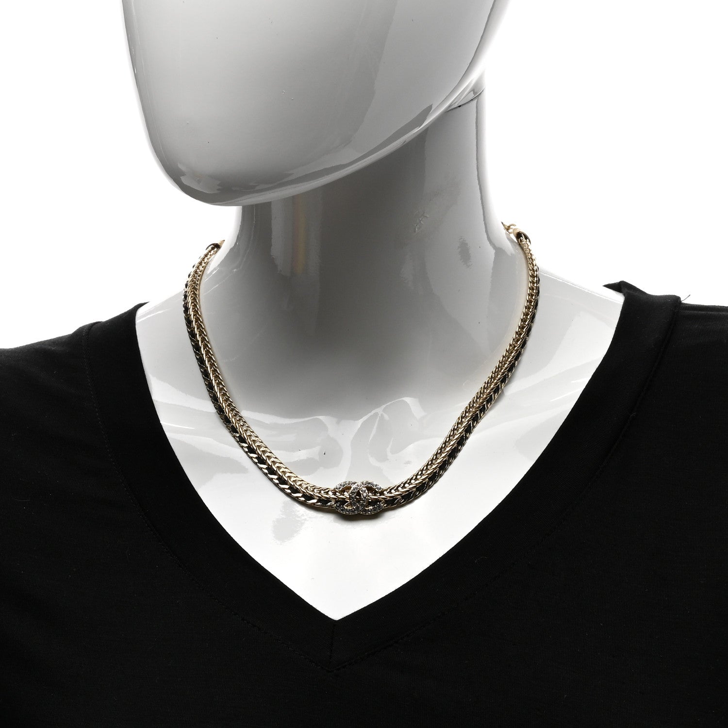 Chanel Metal Lambskin Crystal Chain CC Necklace Black Gold 2 of 4