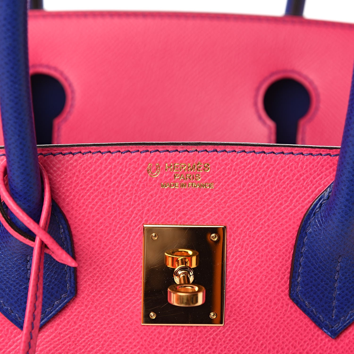 Hermes Epsom Bi Color Horseshoe Birkin 30 Rose Tyrien Bleu Electrique 6 of 8