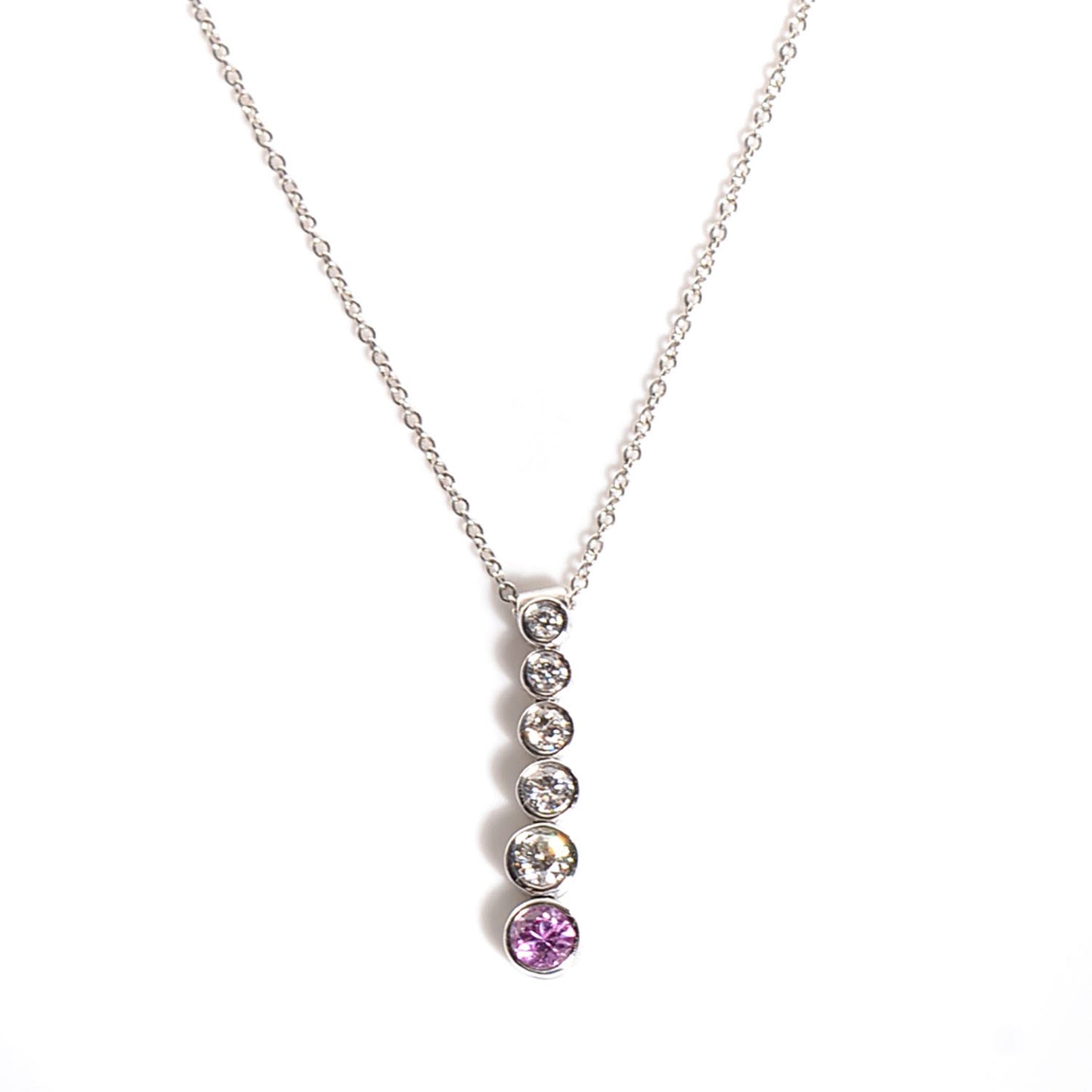 Platinum Diamond Pink Sapphire Jazz Graduated Drop Pendant Necklace