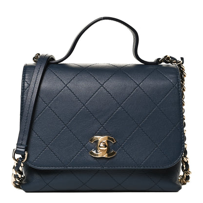 Chanel Calfskin Quilted Small Double Pocket Top Handle Flap Blue 1 of 16