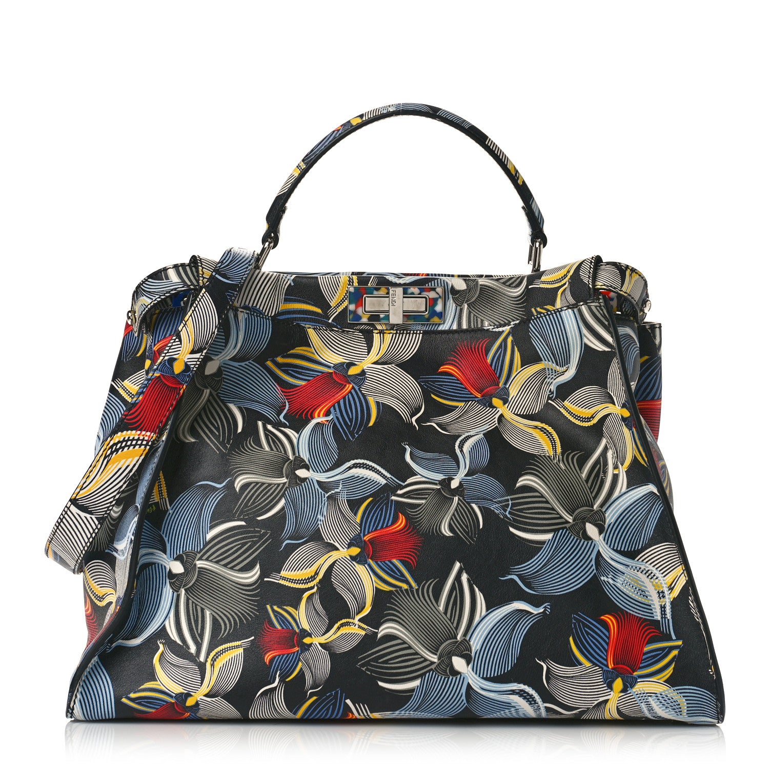 Fendi Calfskin Orchid Large Peekaboo Iconic Satchel Black Multicolor 1 of 8