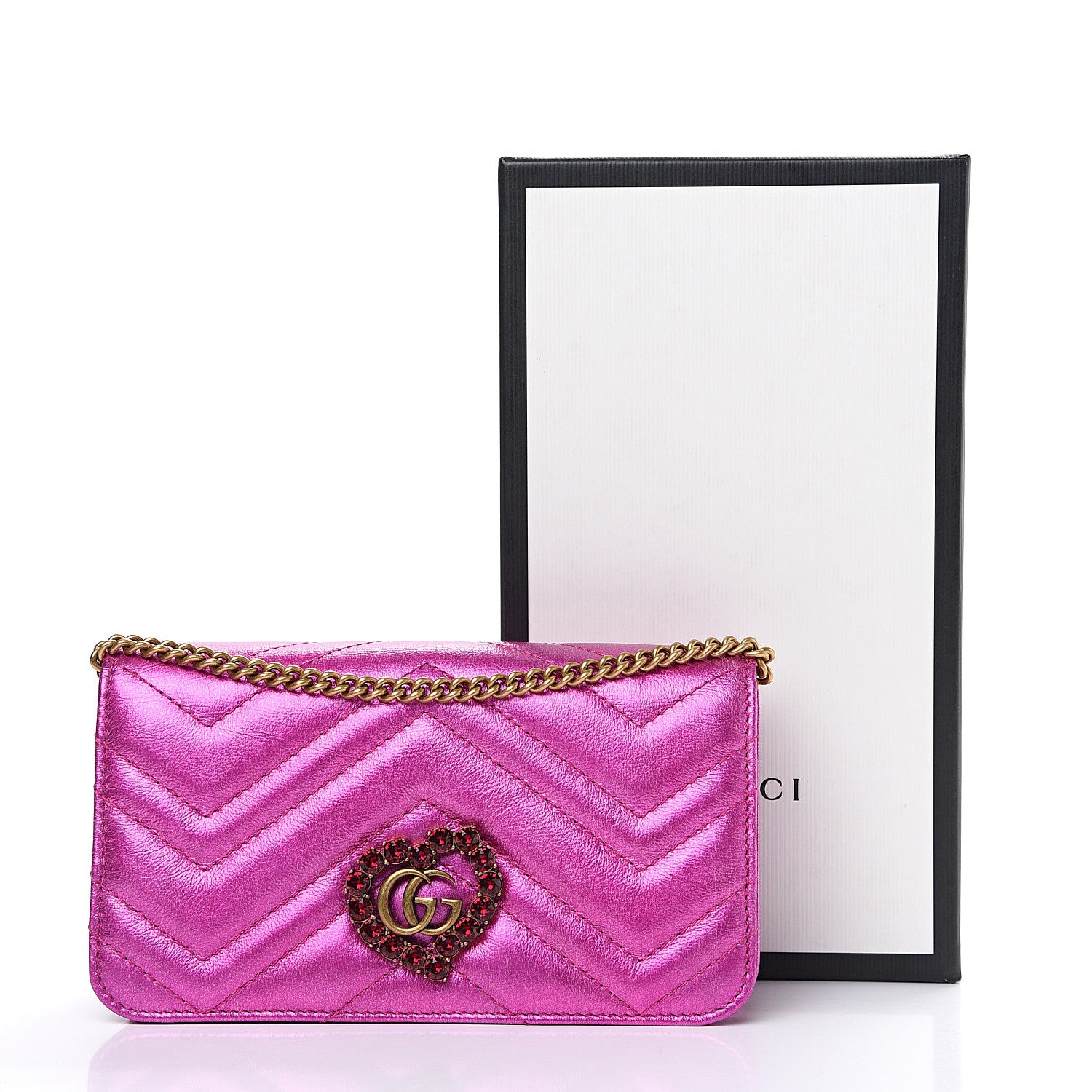 Gucci Metallic Calfskin Matelasse Crystal GG Marmont Mini Bag Fuchsia 9 of 9