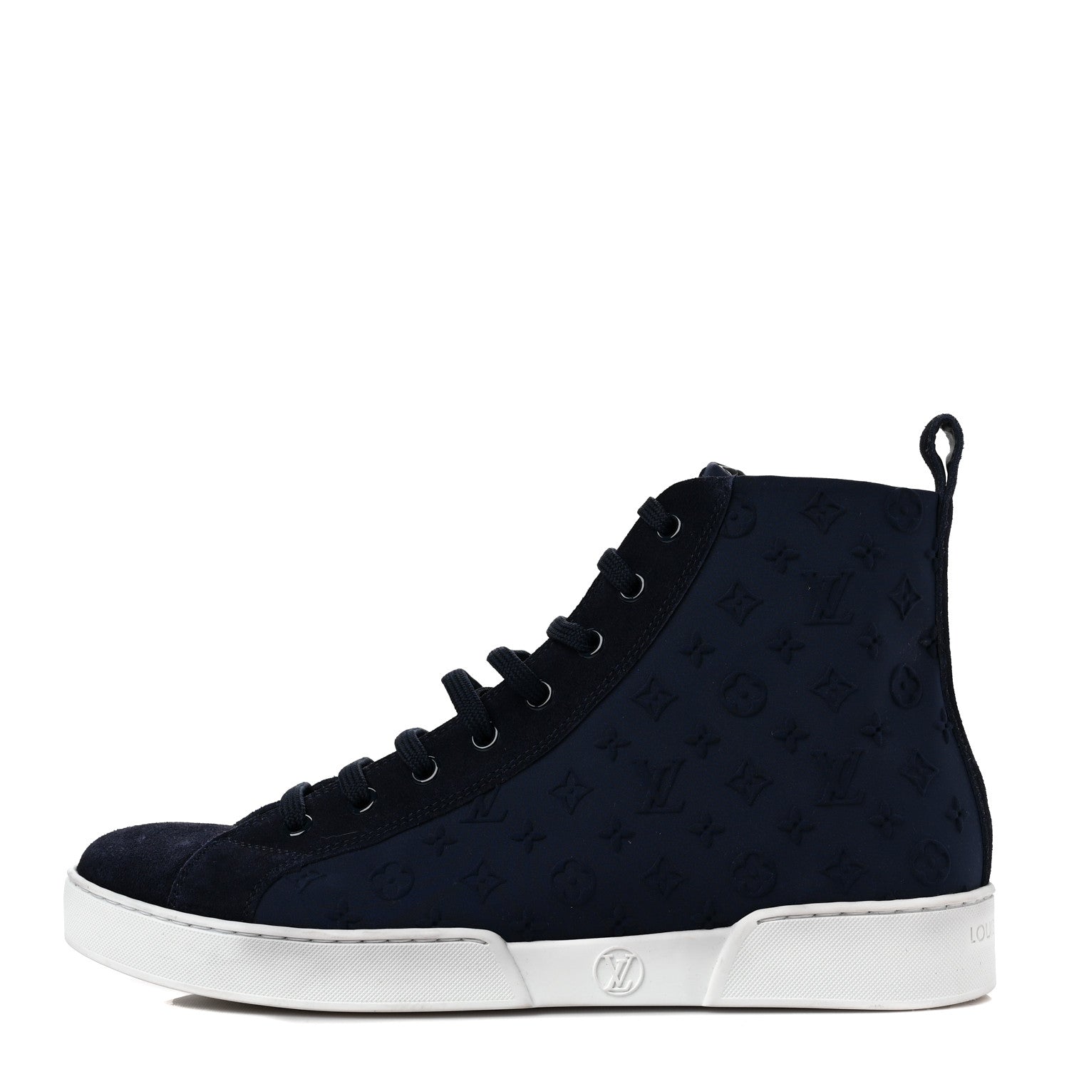 Louis Vuitton Neoprene Suede Embossed Monogram Stellar High Top Sneakers 38 Navy 1 of 7