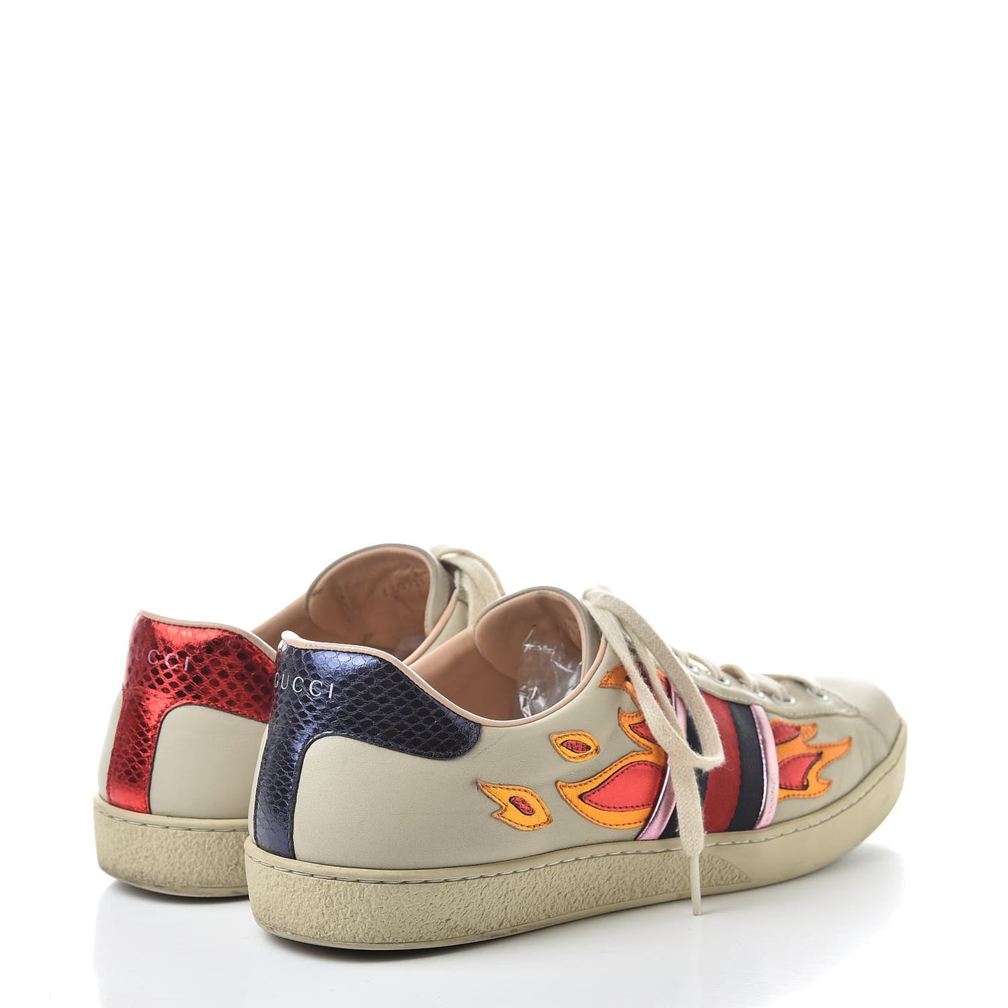 Calfskin Ayers Web Flames Embroidered Mens Ace Sneakers 10 Off White