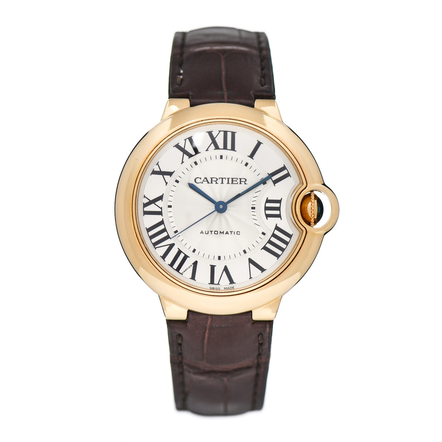 18K Yellow Gold Alligator 36mm Ballon Bleu De Cartier Automatic Watch Brown