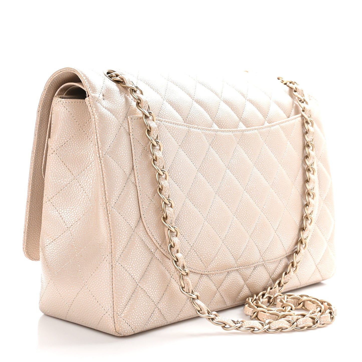 Metallic Caviar Quilted Maxi Double Flap Beige