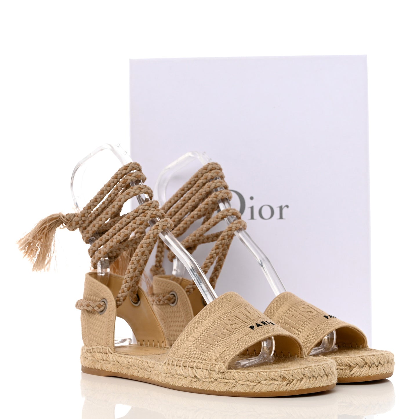 Canvas Embroidered Granville Ankle Tie Espadrille Flat Sandals 40.5 Cream