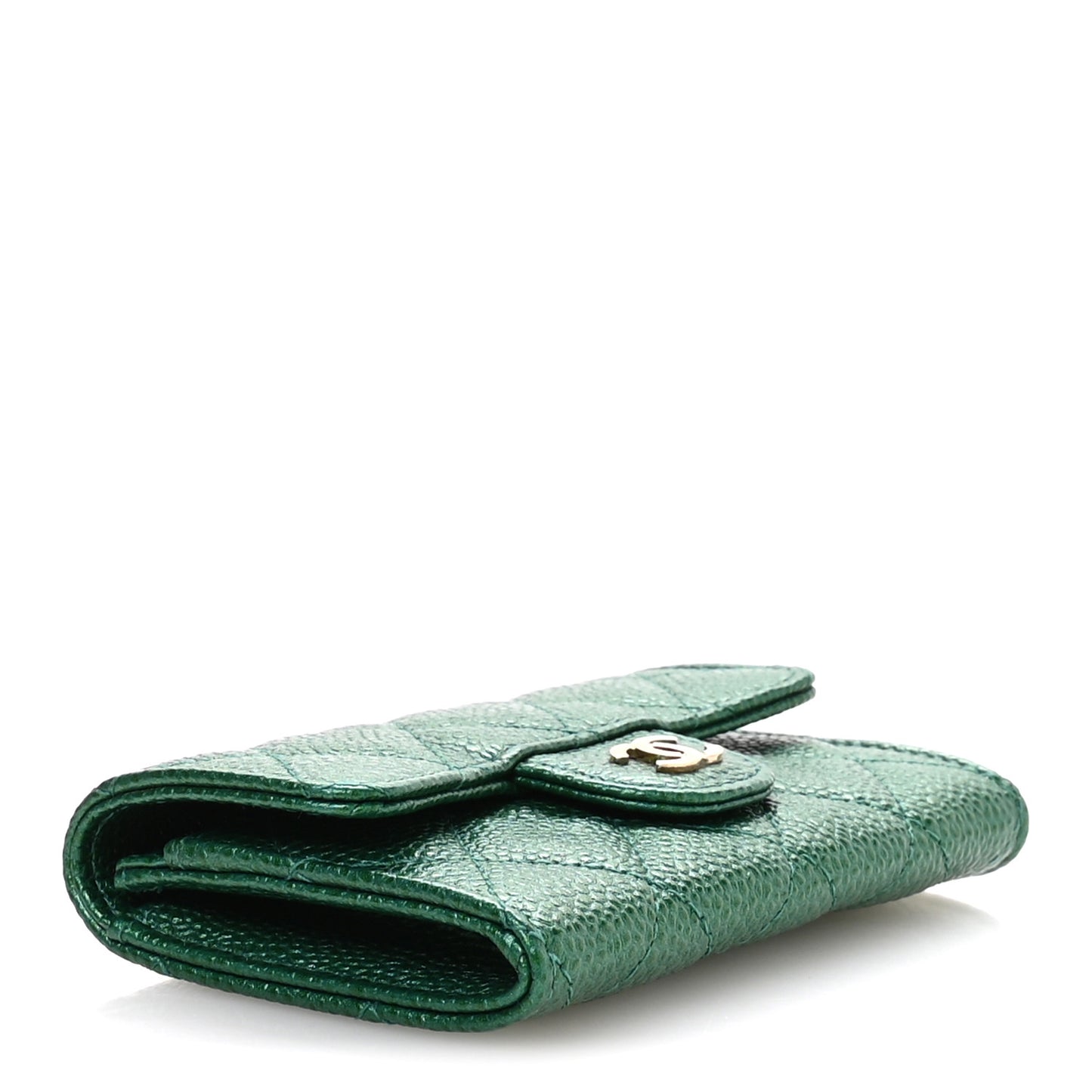 Metallic Caviar Quilted Flap Card Holder Wallet Green