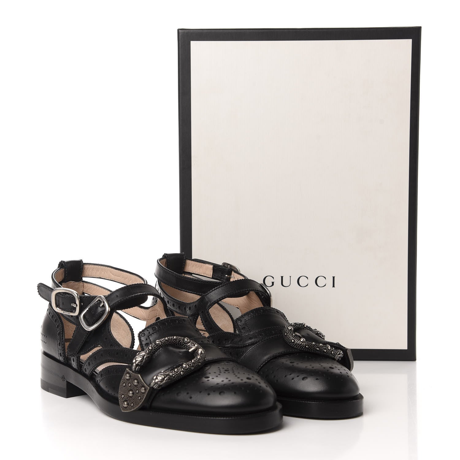 Gucci Calfskin Bee Embroidered Womens Queercore Brogue Wingtip Monk Strap Loafers 38 Black 10 of 10