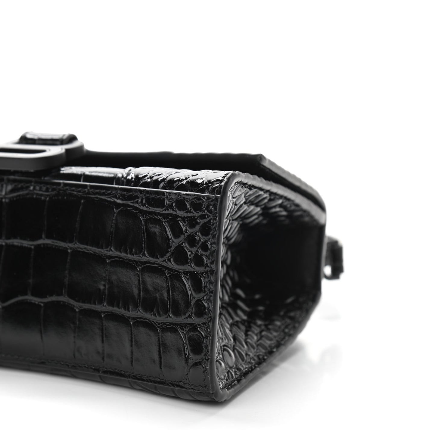 Shiny Calfskin Monochrome Crocodile Embossed Hourglass Top Handle Bag XS Black