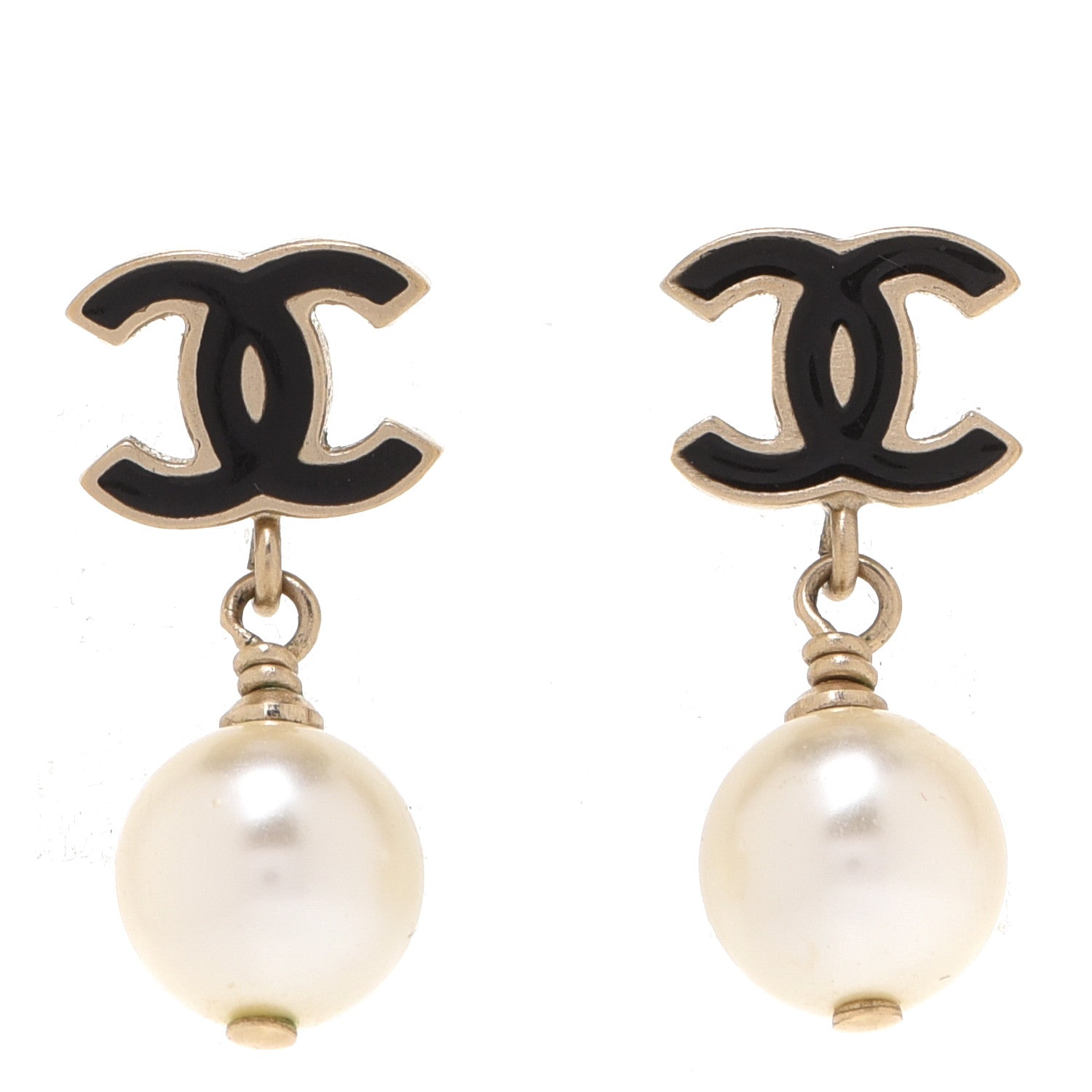 Chanel Pearl Enamel CC Drop Earrings Black Gold 1 of 4