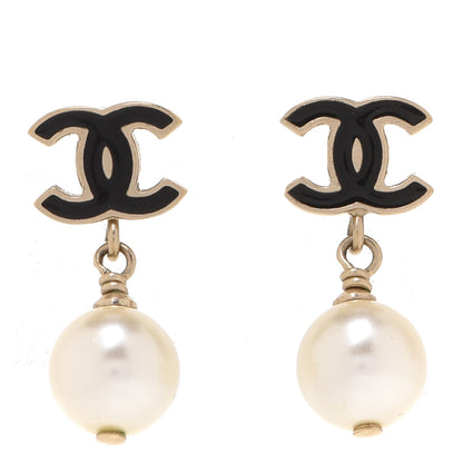 Chanel Pearl Enamel CC Drop Earrings Black Gold 1 of 4
