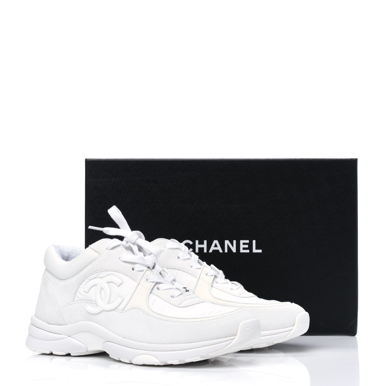 Chanel Suede Calfskin Fabric CC Sneakers 38.5 White 9 of 9