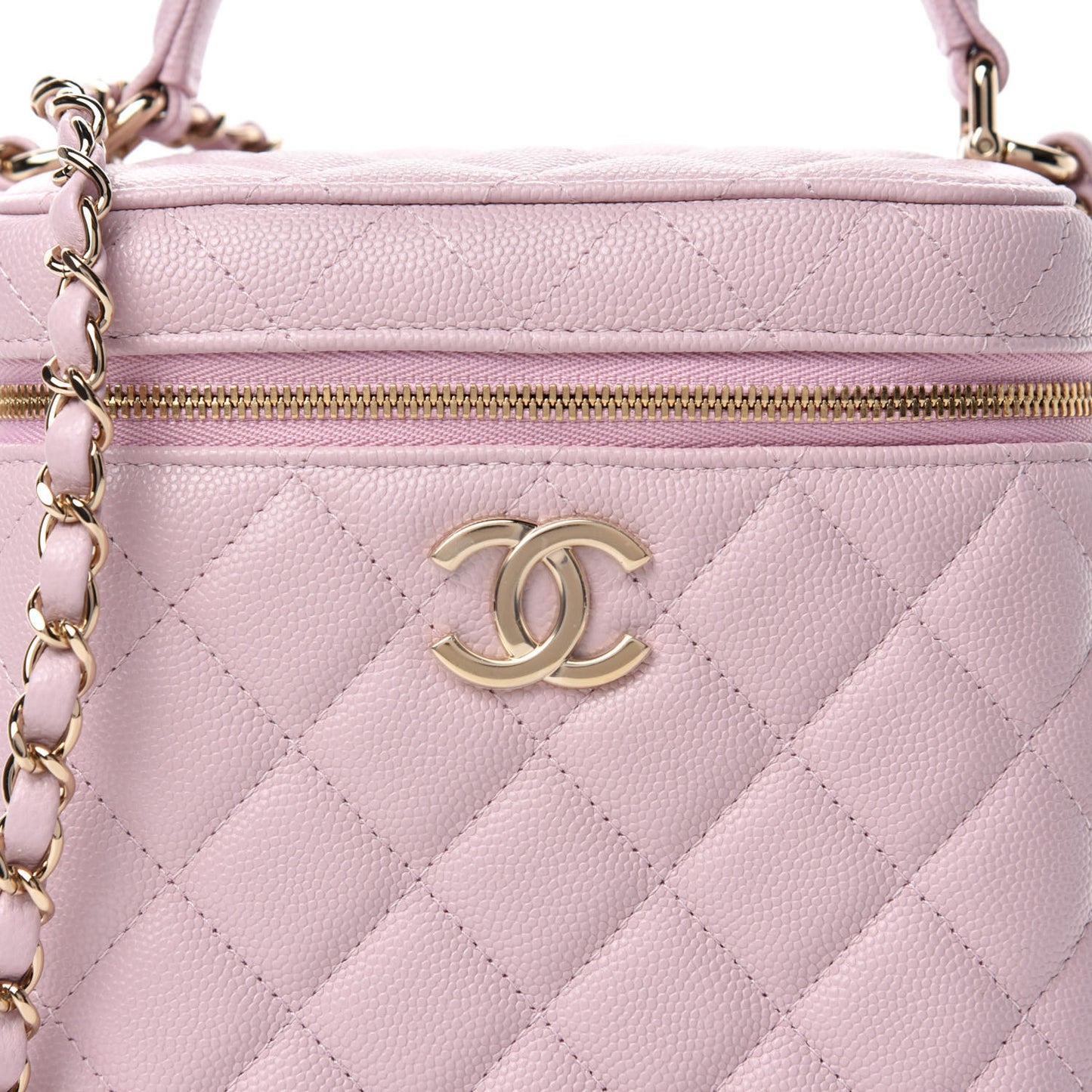 Caviar Quilted Small Top Handle Vanity Case With Chain Light Pink