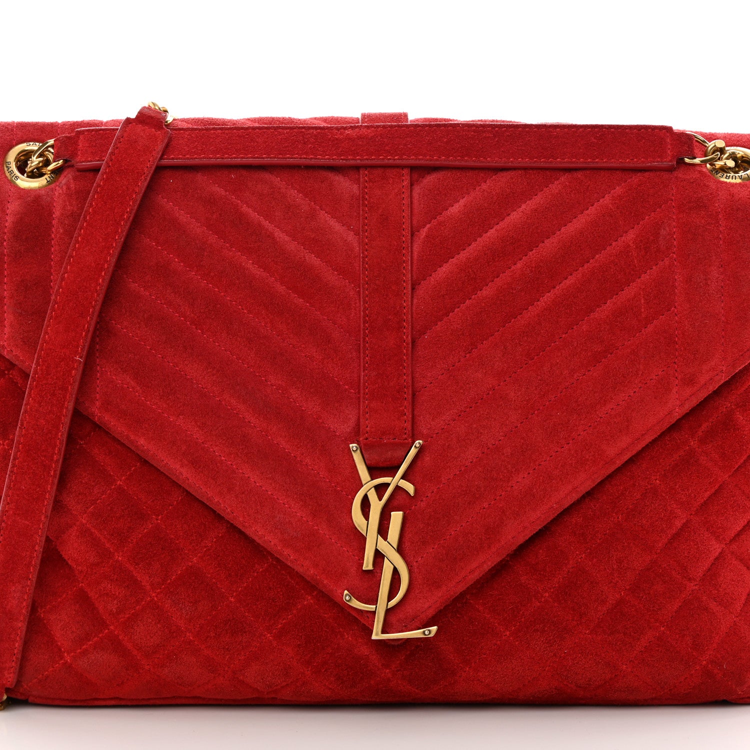 Saint Laurent Suede Mixed Matelasse Triquilt Large Monogram Envelope Satchel Red 8 of 18