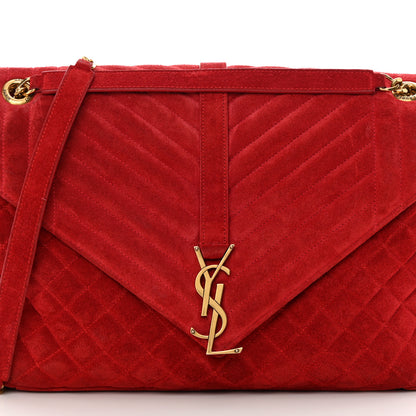 Saint Laurent Suede Mixed Matelasse Triquilt Large Monogram Envelope Satchel Red 8 of 18