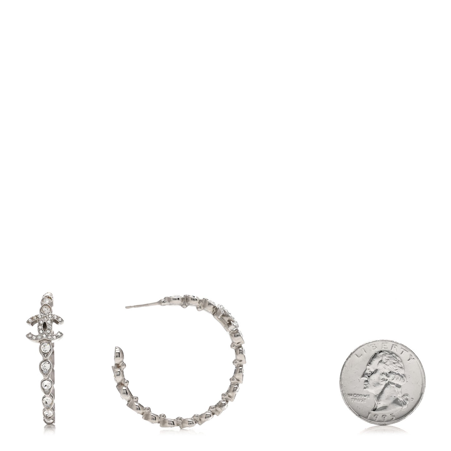 Metal Crystal CC Hoop Earrings Silver