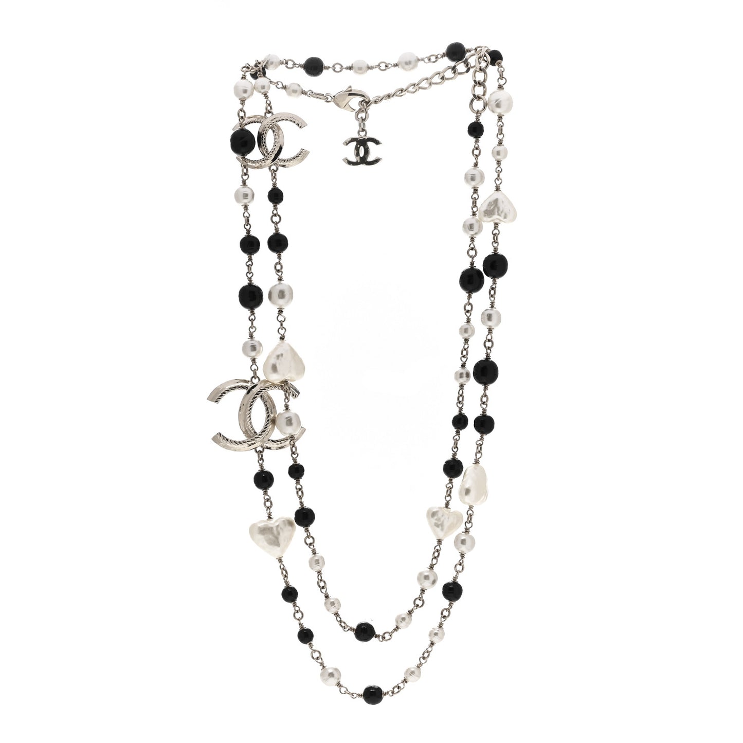 Pearl Bead Heart CC Long Necklace Gold Black