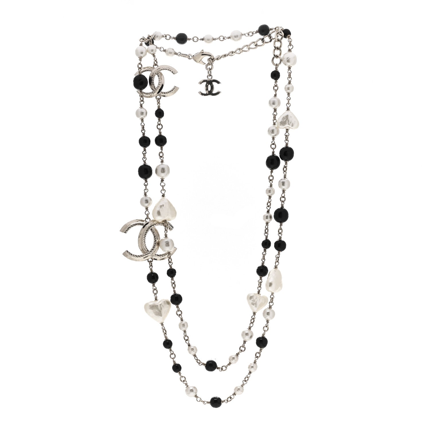 Chanel Pearl Bead Heart CC Long Necklace Gold Black 2 of 3