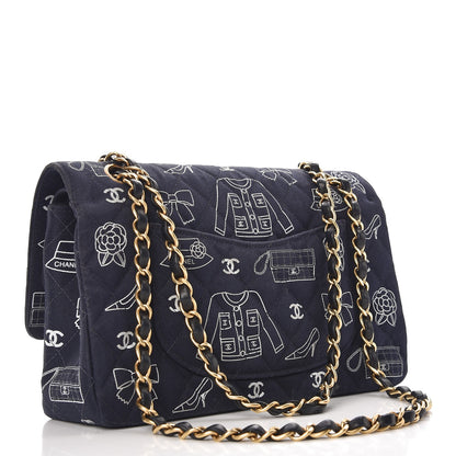 Chanel Canvas Printed Quilted Medium Double Flap Blue White 4 of 10