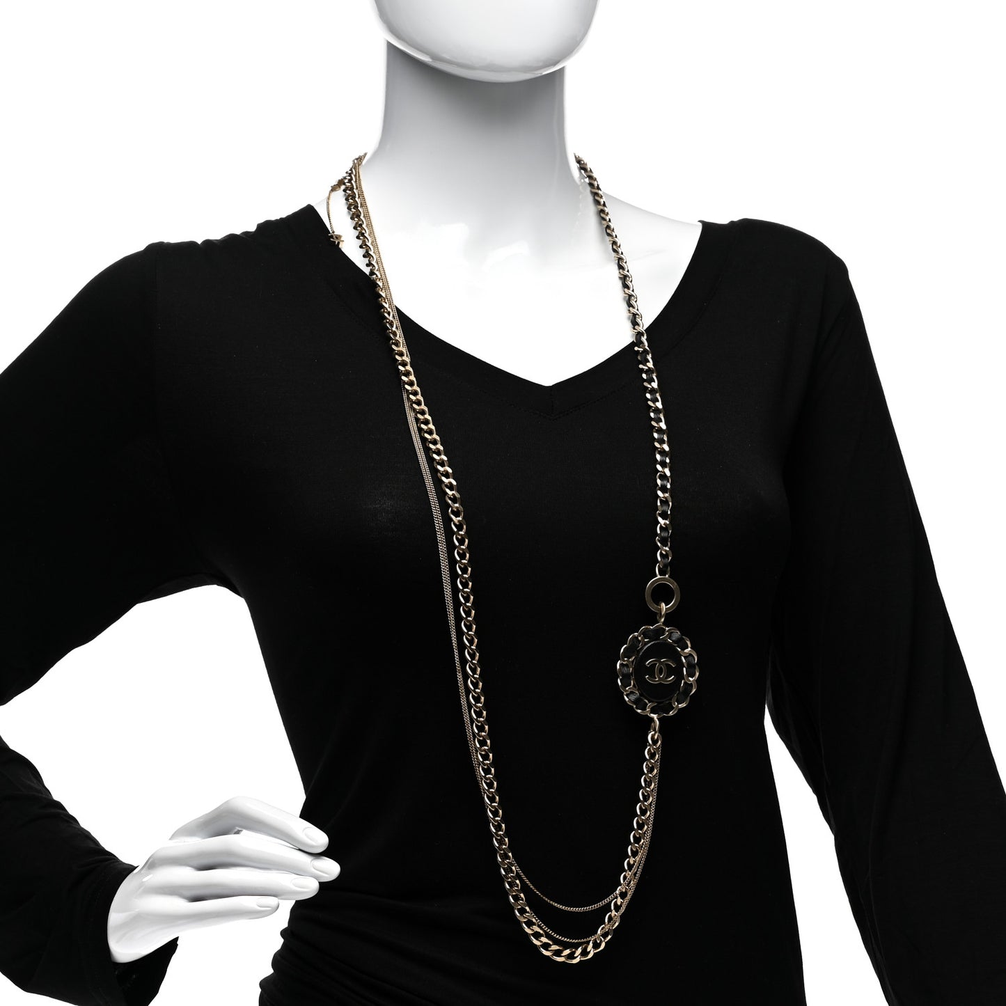 Lambskin CC Long Chain Necklace Black Gold