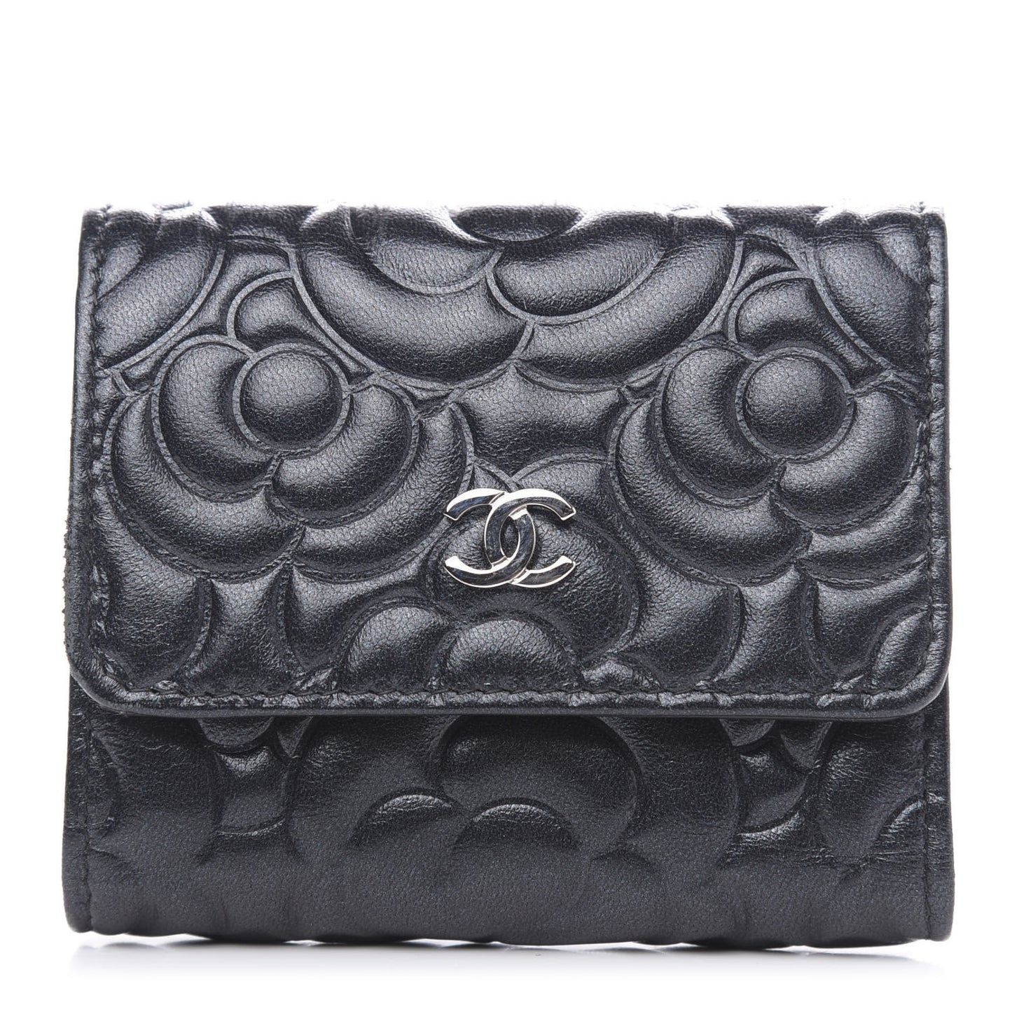 Goatskin Camellia Embossed Compact Wallet Black