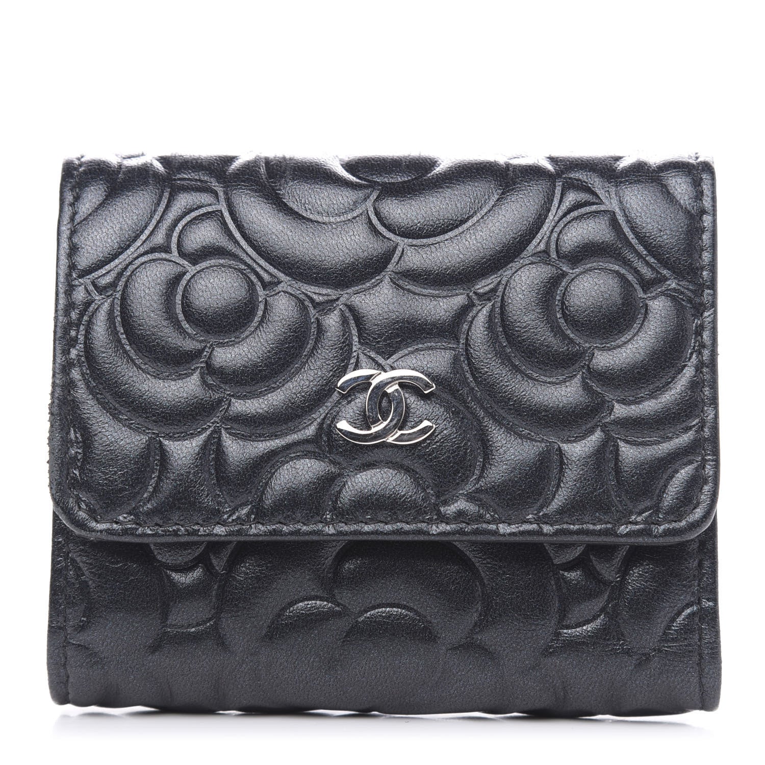 Chanel Goatskin Camellia Embossed Compact Wallet Black 1 of 10