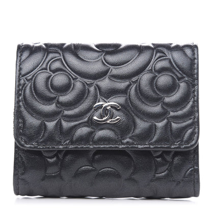 Chanel Goatskin Camellia Embossed Compact Wallet Black 1 of 10