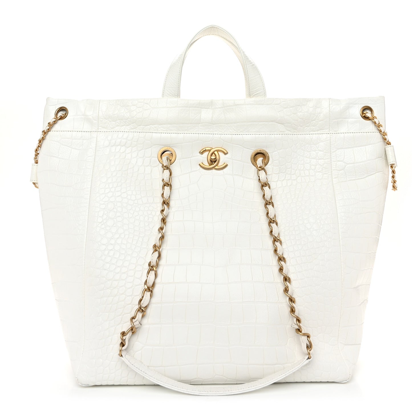 Calfskin Crocodile Embossed Large Cocodile Shopping Tote White