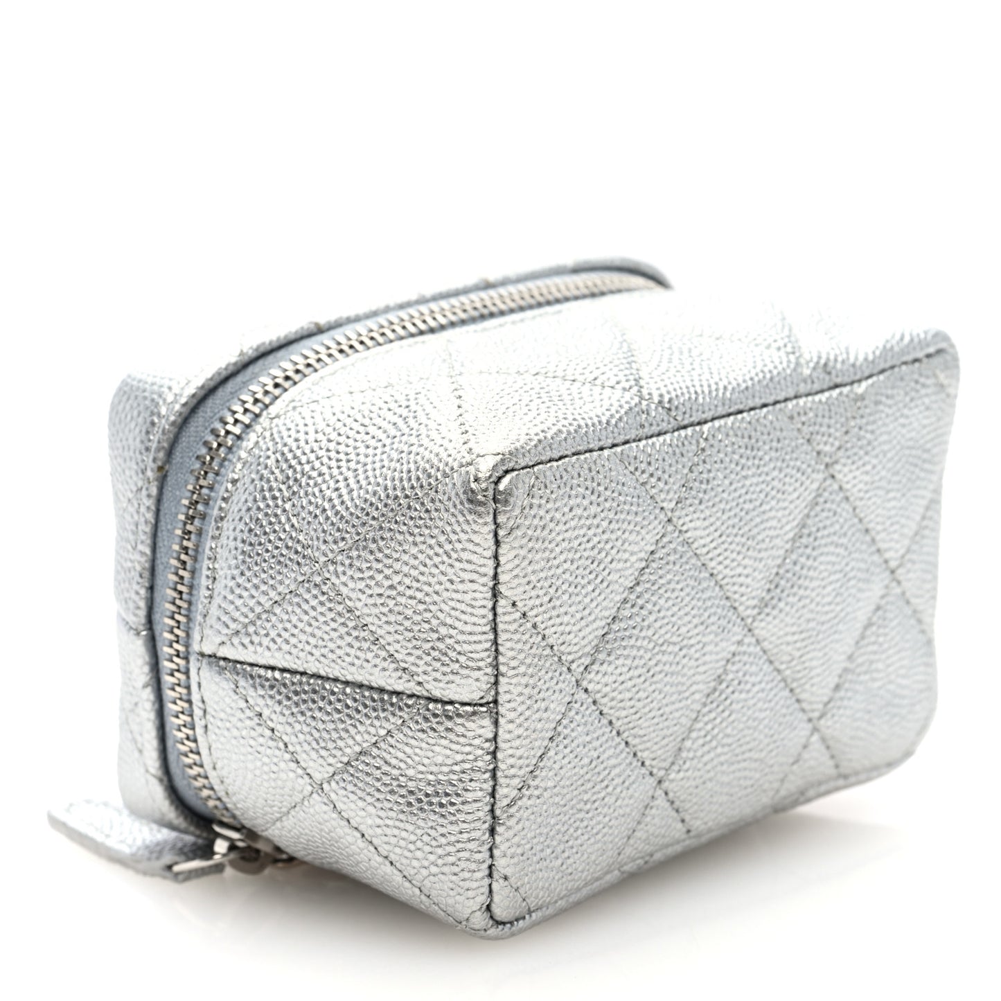 Metallic Caviar Quilted Mini Top Handle Vanity With Chain Silver